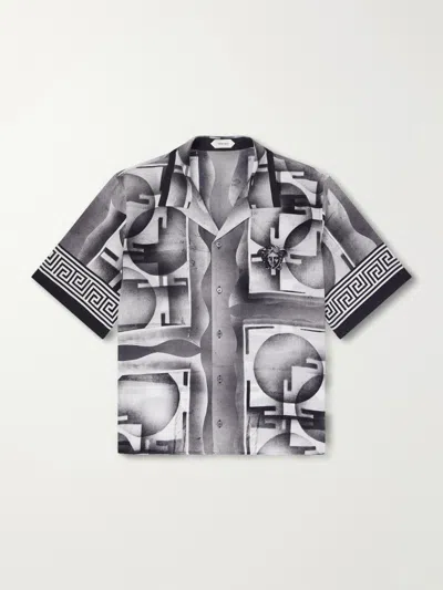 Versace Open Collar Black Silk Shirt With Geometric Print In Multi
