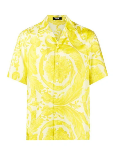 Versace All Over Print Shortsleeved Silk Shirt In Yellow