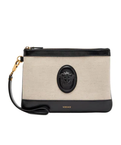 Versace Canvas And Leather Handbag In Nude