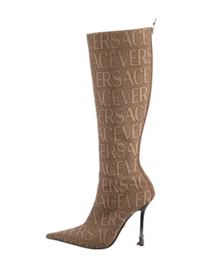 Pre-owned Versace Canvas Graphic Print Boots In Brown