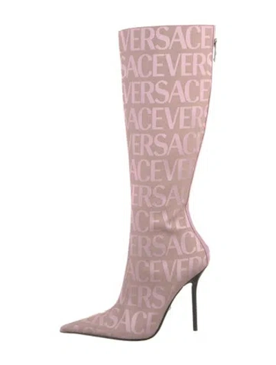 Pre-owned Versace Canvas Graphic Print Boots In Pink