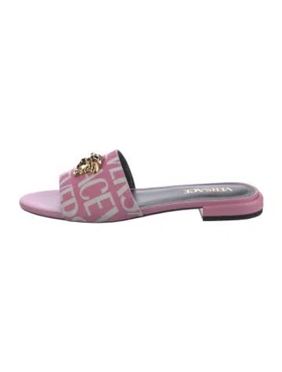 Pre-owned Versace Canvas Graphic Print Slides In Pink