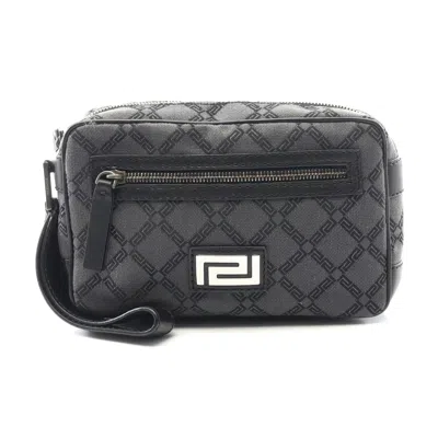 Versace Canvas Leather Clutch Bag In Black