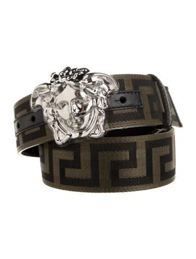 Pre-owned Versace Canvas Leather Trim Embellishment Belt In Green