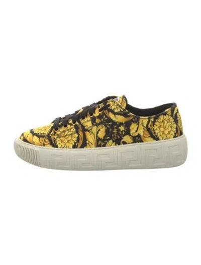 Pre-owned Versace Canvas Printed Sneakers In Black