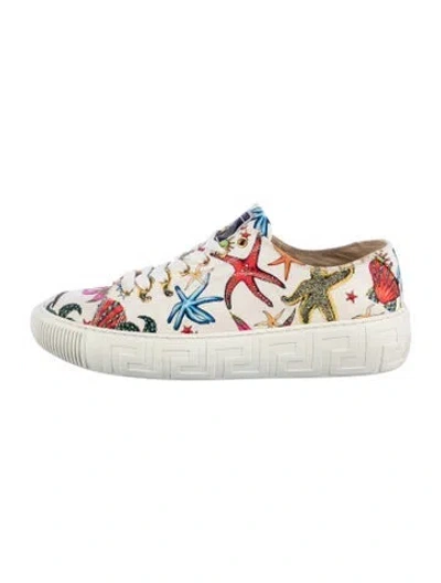Pre-owned Versace Canvas Printed Sneakers In White