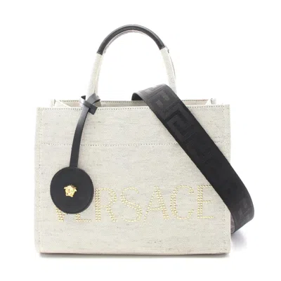 Versace Canvas Tote Bag In Gray