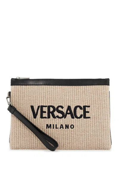 Versace Cappuccino Raffia Pouch In Naturalblackruthenium