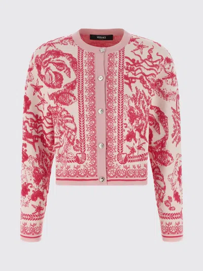 Versace Baroque Subaquatique Patterned Crew Neck Cardigan In Pink