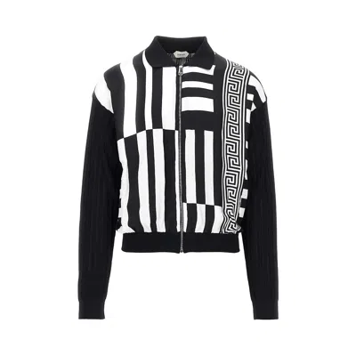 Versace Printed Silk Inserts Knit Zip Cardigan In Black