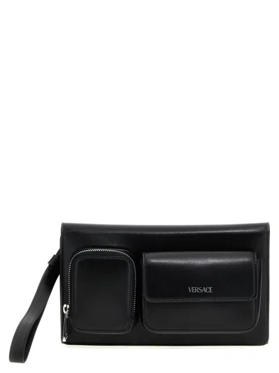 Versace Logo-stamp Leather Clutch Bag In Black