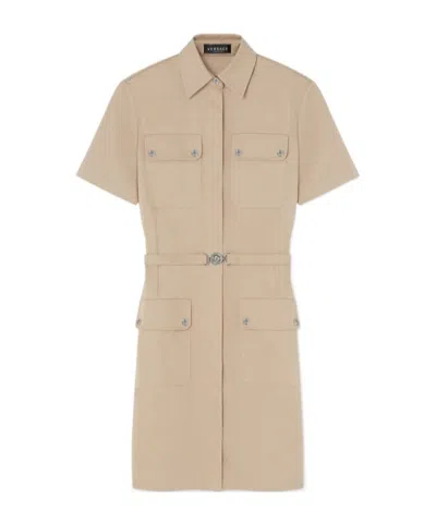 Versace Cargo Gabardine Mini Shirt Dress In Beige