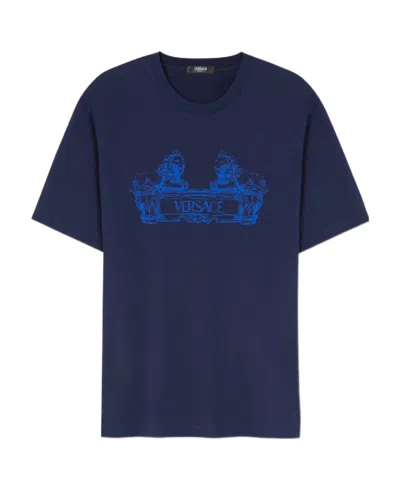 Versace Cartouche Cotton T-shirt In Blue