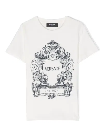 Versace Kids' Cartouche-print Cotton T-shirt In White