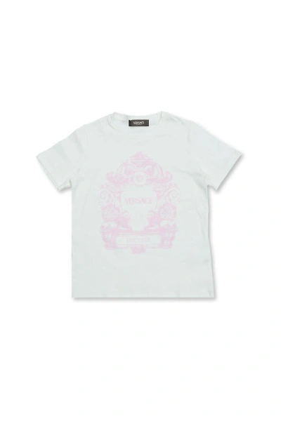 Versace Kids' Cartouche-printed Crewneck T-shirt In Bianco