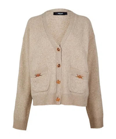 Versace Cashmere Knit Cardigan In Beige/bone