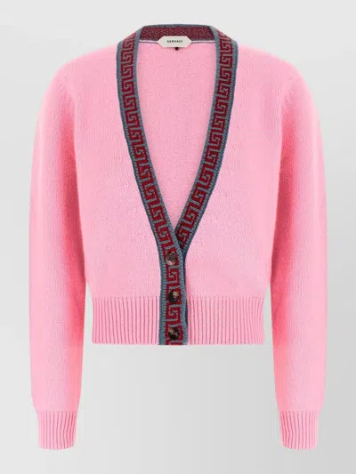 Versace Cashmere Wool V-neck Ribbed Cardigan In Pink
