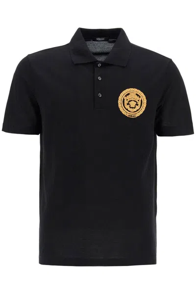 Versace Chain Crest Short-sleeve Polo Shirt In Black