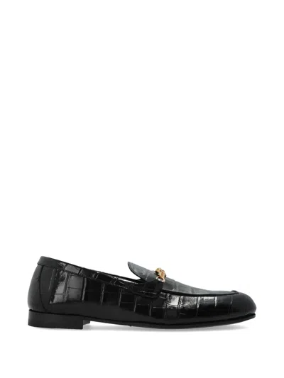 Versace Chain Embossed Leather Loafers In Black