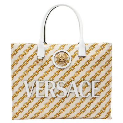 Pre-owned Versace Chain Link Canvas La Medusa Large Tote In Beige
