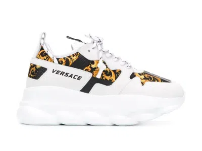 Pre-owned Versace Chain Reaction 2 Barocco Print (women's) Sneakers In White/black/yellow