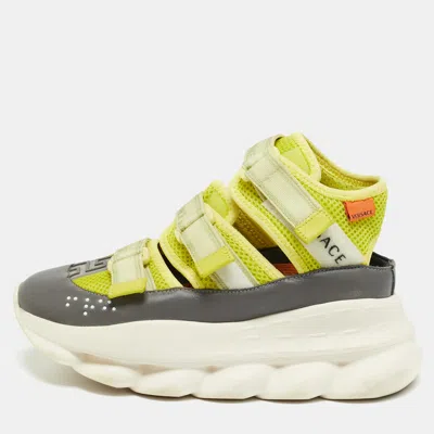 Pre-owned Versace Chain Reaction Size 36 Grey/green Leather And Mesh Lace Up Sneakers In Gray