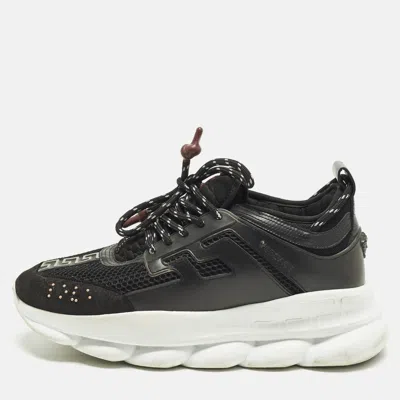 Pre-owned Versace Chain Reaction Size 43.5 Black Leather And Mesh And Suede Lace Up Sneakers