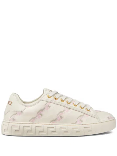 Versace Chain Stripes Greca Sneakers In White+pink