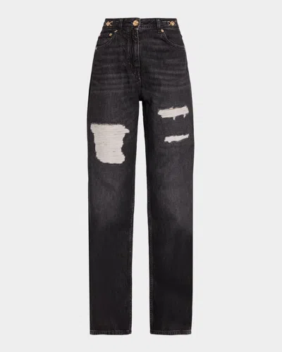 Versace Chainmail-insert Distressed Straight-leg Pants