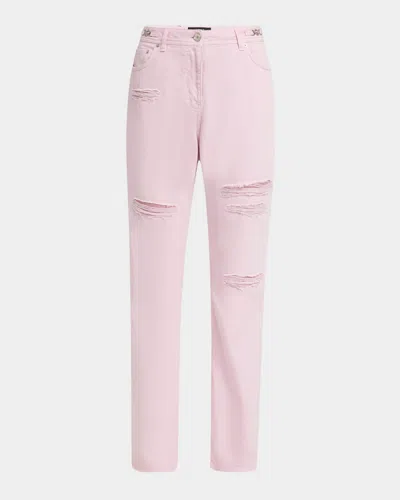 Versace Chainmail Inset Distressed Pastel Denim Straight-leg Pants In Pastel Pink