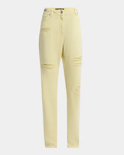 Versace Chainmail Inset Distressed Pastel Denim Straight-leg Pants In Pastel Yellow