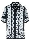 Versace Black And White Bowling Shirt With Cuban Collar And All-over Chain-link Print In Silk Man In Black
