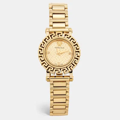 Pre-owned Versace Champagne Gold Plated Stainless Steel Greca Glam Ve2q00422 Women's Wristwatch 29 Mm