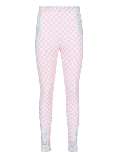 Versace Check Leggings In Pastel Pink + White + Silver