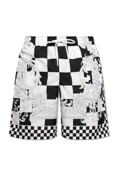 Versace Checkered Print Swimsuit In Nero E Bianco