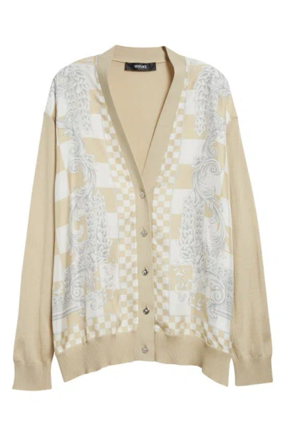 Versace Check Silk & Cotton Cardigan In Light Sand