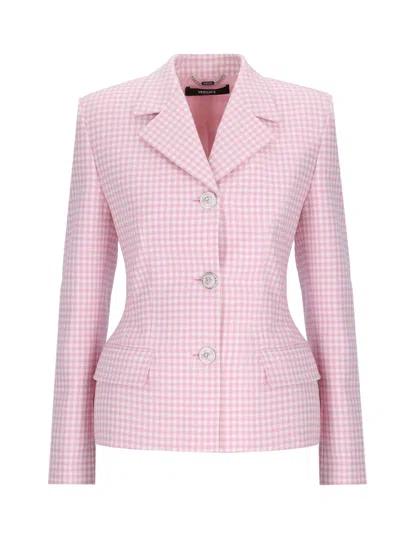 Versace Check Single-breasted Blazer In Pink