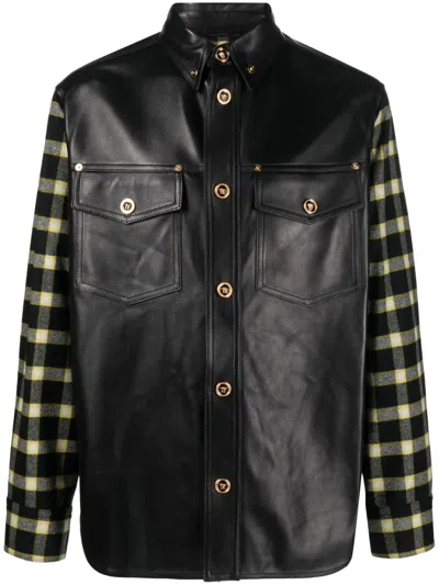 Versace Black Blouson Leather Checkered Sleeve Jacket In Multi
