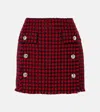 Versace Button-embellished Frayed Checked Tweed Mini Skirt In Red