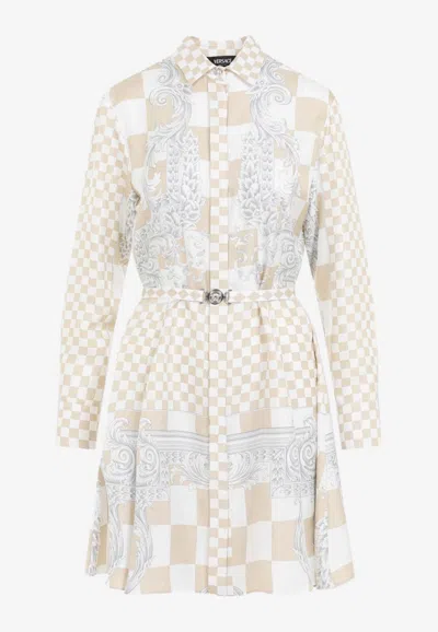 Versace Checkered Mini Shirt Dress In Silk In Multicolor
