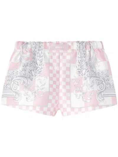 Versace Damier Print Silk Twill Baroque Shorts In Pink+print