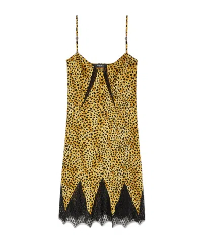 Versace Cheetah Allover Silk Slip Dress In Yellow
