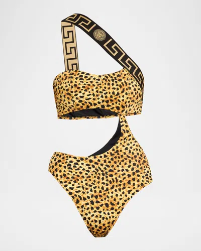 Versace Cheetah Asymmetric Cutout One-piece Swimsuit In Neutral