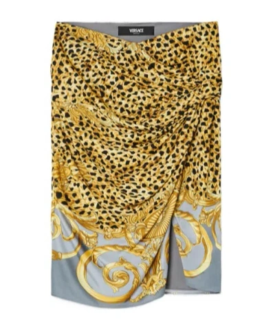 VERSACE VERSACE CHEETAH FOULARD DRAPED MIDI SKIRT