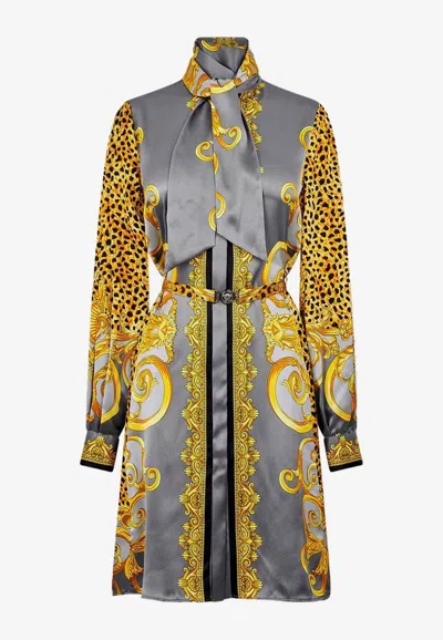 Versace Cheetah Foulard Print Mini Silk Shirt Dress In Multi