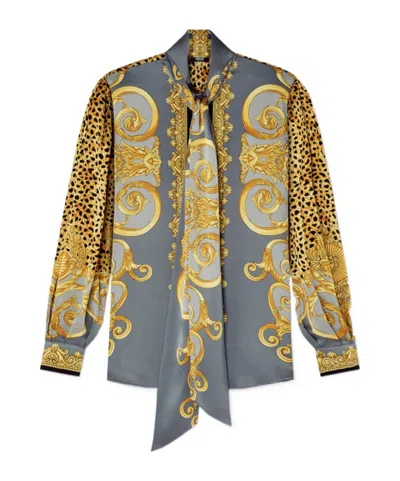 Versace Cheetah Foulard Silk Lavallière Shirt In Multi