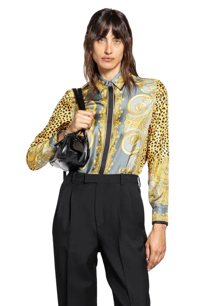 Versace Cheetah Foulard Silk Shirt In Yellow