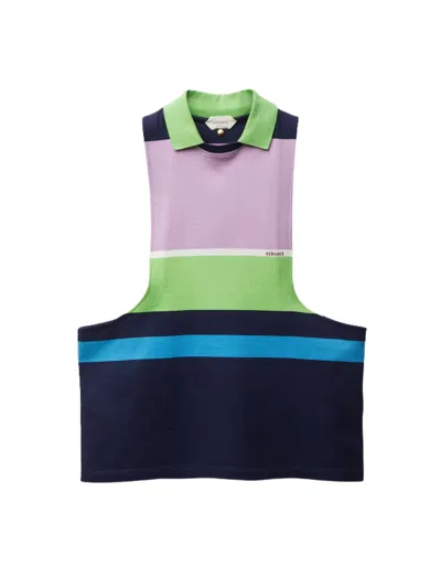 Versace Sleeveless Embroidered Striped Cotton T-shirt In Multi