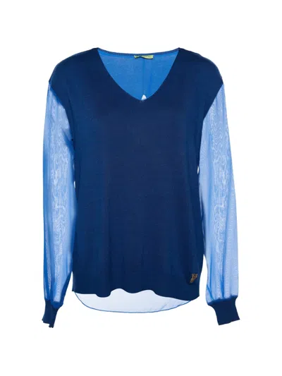 Pre-owned Versace Chiffon-paneled V-neck Sweater In Blue