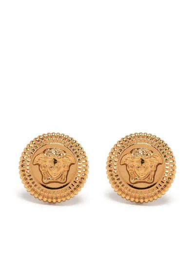 Versace Circular Metal Earrings With Medusa Logo In Golden